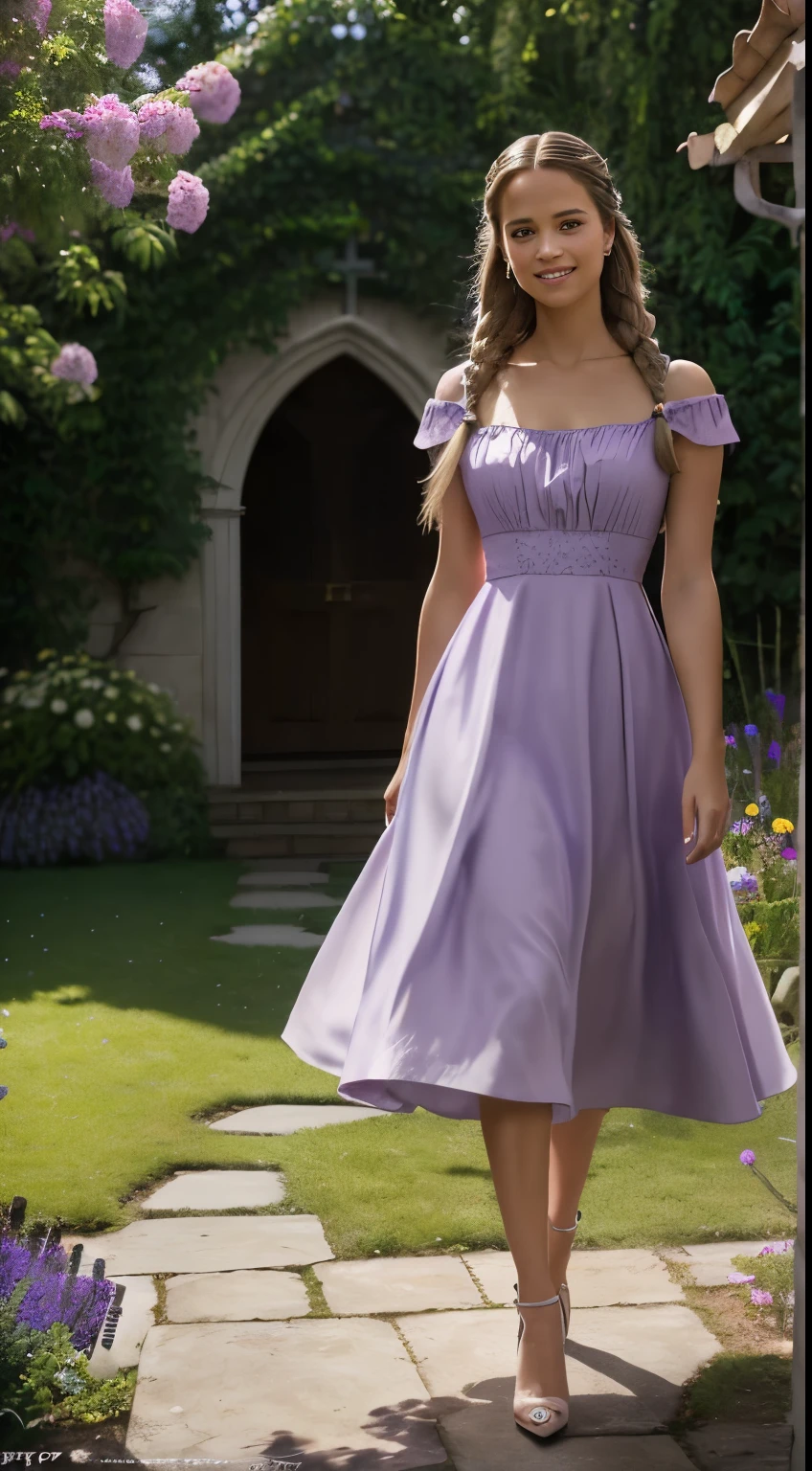 Foto hiperrealista en primer plano de Alicia Vikander, masterpiece, best quality, (photorealistic:1.4), full body, (light purple church dress:1.2), heels, garden cinematic light, beautiful woman, skinny, medium  breasts, two braids dark blond hair, detailed face, smile, facing the camera, photo taken from a distance, age of 20 years old,