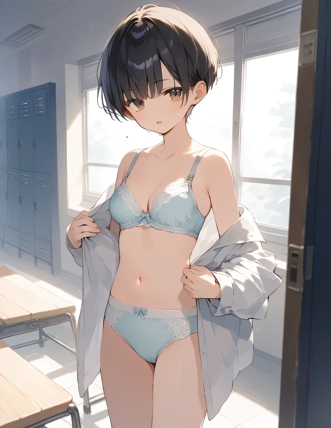 score_9, score_8_up, score_7_up, source_anime, best quality, masterpiece, official art, absurdres, highres, ultra-detailed,waifu2x,Collection: Serious Beauty,break,1girl, very short hair, pixie cut, breasts, beautiful detailed eyes, expressionless, school_uniform, underwear, bra, navel, sweat, open mouth, (yawn:0.3), sleepily,dressing, indoors, school locker room, break,(clear line illustration:1.2), super detailed skin,very high resolution, very aesthetic, Best sexual lighting powered by famous artist, 8k, beauty illustration,photoshop_(medium),,(Detailed Lighting),best anime 8k konachan wallpaper, pixiv contest winner,