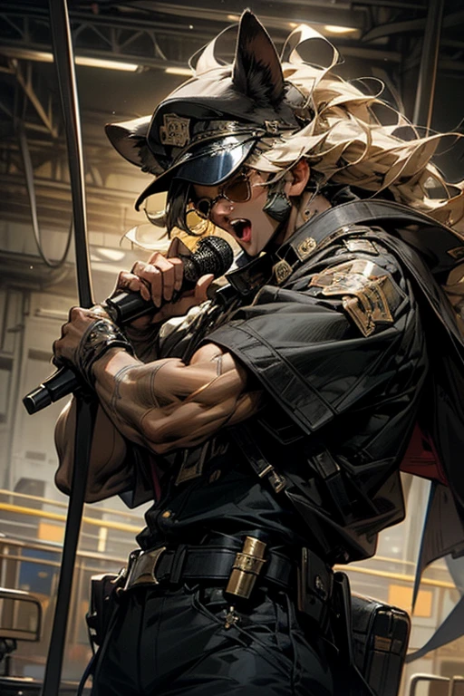 masterpiece,best quality,super detailed,super fine illustration,retro,noise,8k,Break Lion Ears,male,visual band,vocal,holding microphone,sunglass,cool,Police Officer,shout