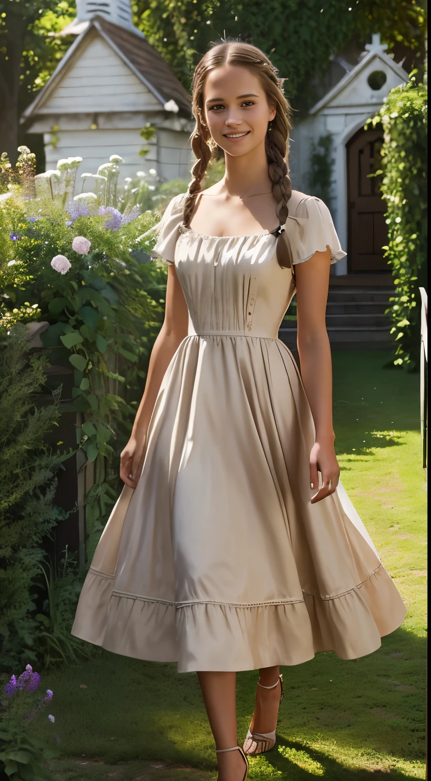 Foto hiperrealista en primer plano de Alicia Vikander, masterpiece, best quality, (photorealistic:1.4), full body, (light brown church dress:1.2), heels, garden cinematic light, beautiful woman, skinny, medium breasts, two braids dark blond hair, detailed face, smile, facing the camera, photo taken from a distance, age of 20 years old,
