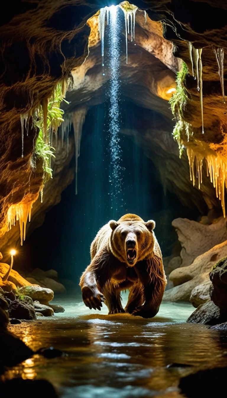 Underground caverns illuminated by luminous fungi, A place where the subtle sounds of dripping water create an underground symphony. (Fantasy), (Shine), (Low lighting), (Selective focus), Digital Operation Technology. Large prehistoric cave bear running towards the viewer, Growl, 16K, Ultra-high resolution, Digital SLR, Insane Details