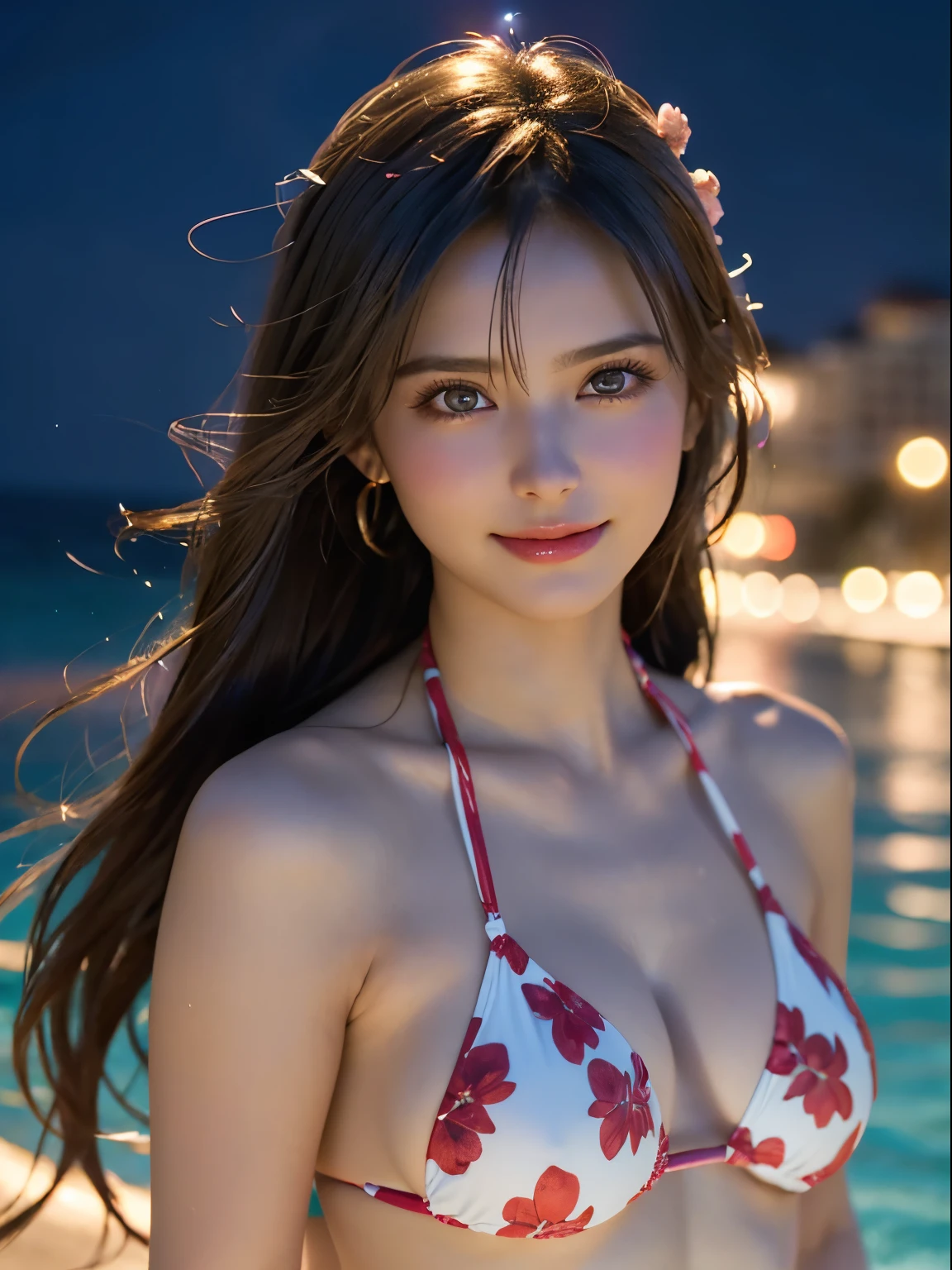 1girl, Goddess ,4k , very cute, amazing face and eyes, (beautiful nice smile), (very detailed beautiful face), bright glowing lips, keep staring at me, super beautiful, big breasts, (cute bikini: 1.3), (highest quality: 1. 4), (hyper quality), (super detailed) (Hyperreal, Photorealsitic: 1.37), real skin texture, highly detailed CG integrated 8K wallpaper, RAW photos, professional photos, cinematic lighting, glow, youth, Maltese landscape, wind, Translated with DeepL.com (free version)