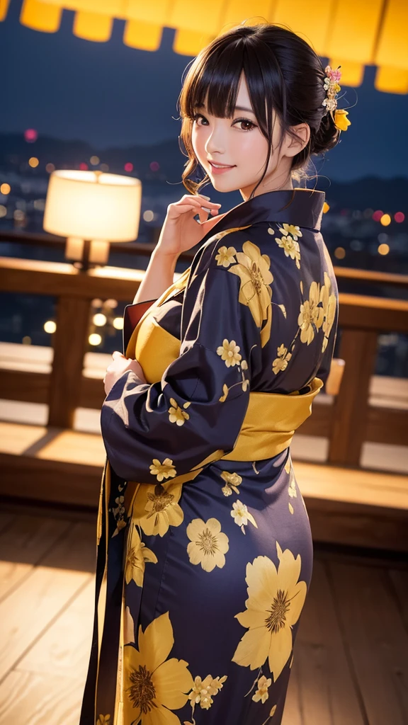 night、A glamorous atmosphere、firework、Matte fabric、Yellow large floral pattern yukata、Cotton kimono、stylish (night景、night、smile)、night空、bangs、No makeup、(masterpiece、8k,RAW Photos、High resolution:1.4)、girl'Her calm expression is、Emphasizes a soft look..。 Canon EOS R6 Mark II and Sigma 50mm f/2.Used in combination with 8/1.4 DG HSM Art Lens、シーンのあらゆるニュアンスがHigh resolutionでキャプチャされます。