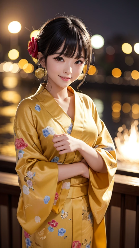 night、A glamorous atmosphere、firework、Matte fabric、Yellow large floral pattern yukata、Cotton kimono、stylish (night景、night、smile)、night空、bangs、No makeup、(masterpiece、8k,RAW Photos、High resolution:1.4)、girl'Her calm expression is、Emphasizes a soft look..。 Canon EOS R6 Mark II and Sigma 50mm f/2.Used in combination with 8/1.4 DG HSM Art Lens、シーンのあらゆるニュアンスがHigh resolutionでキャプチャされます。