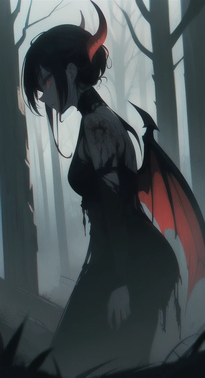 Foggy Forest, ancient creature, demonic silhouette, fairy shadow figure, red eyes, eyes in the fog, rotting, looking dead, torn wings,