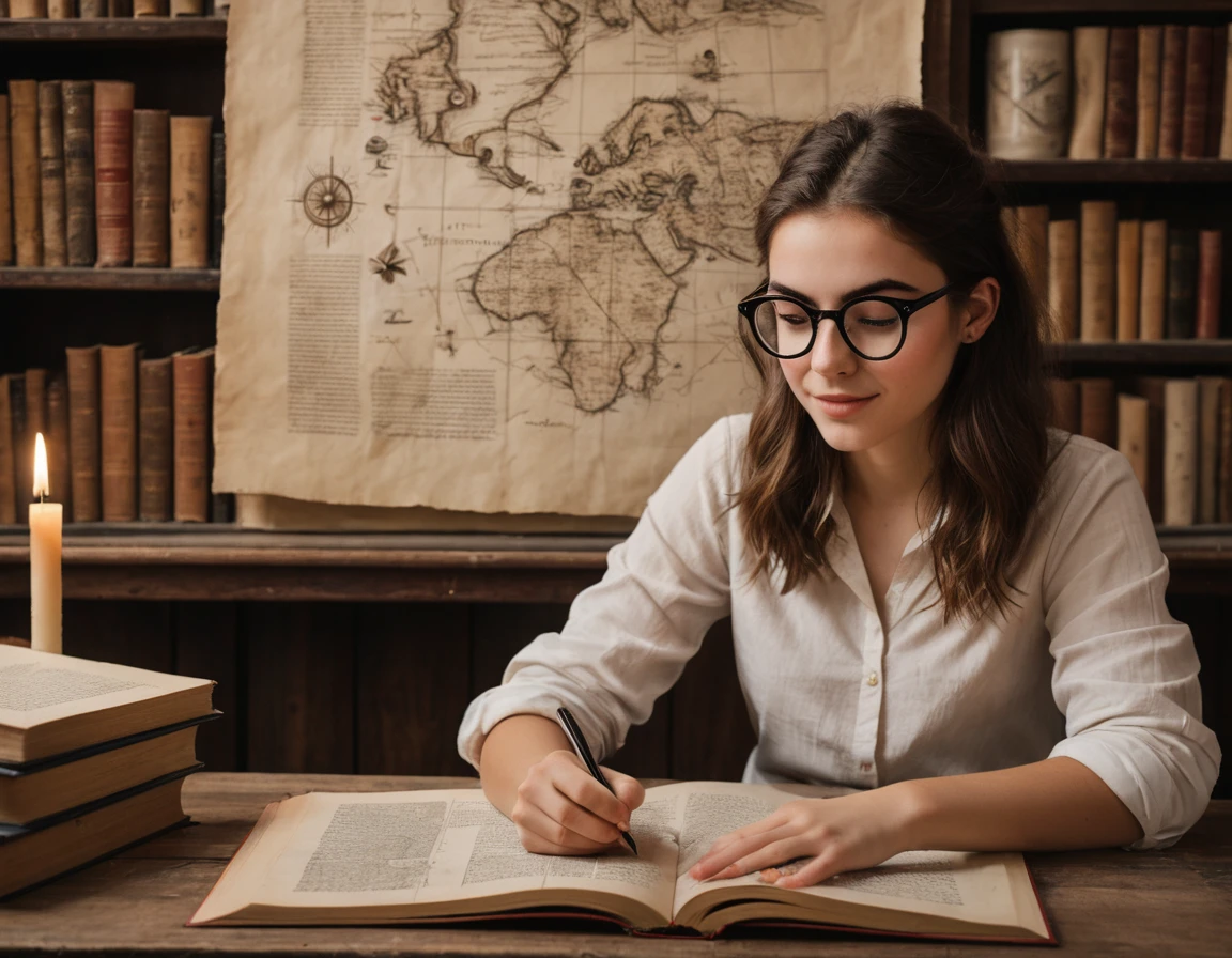 Portrait of a beautiful modern girl with glasses at the table, beautiful brown eyes sparkling with excitement and inspiration, writing text on a sheet of parchment, inspired creativity process, stack of old books with many bookmarks between pages, porcelain cup of hot black coffee and a candlestick with lit candles on the table next to parchment, beautiful graceful hands with beautiful fingers, a passionate look at the manuscript; Drawn on paper,sketch,old parchment,pencil sketch,Stereoscopic light and shadow,The background is a mixture of fantasy and science fiction., image of a girl on the bottom right in the center of the picture at the edge,
(Detailed unrealistic map of Treasure Island and text on ancient parchment, Rose of Wind, compass), documentation,Rich and delicate touches,