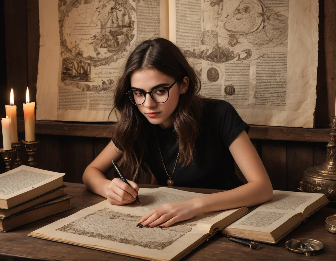 Portrait of a beautiful modern girl with glasses at the table, beautiful brown eyes sparkling with excitement and inspiration, writing text on a sheet of parchment, inspired creativity process, stack of old books with many bookmarks between pages, porcelain cup of hot black coffee and a candlestick with lit candles on the table next to parchment, beautiful graceful hands with beautiful fingers, a passionate look at the manuscript; Drawn on paper,sketch,old parchment,pencil sketch,Stereoscopic light and shadow,The background is a mixture of fantasy and science fiction., image of a girl on the bottom right in the center of the picture at the edge,
(Detailed unrealistic map of Treasure Island and text on ancient parchment, Rose of Wind, compass), documentation,Rich and delicate touches,
