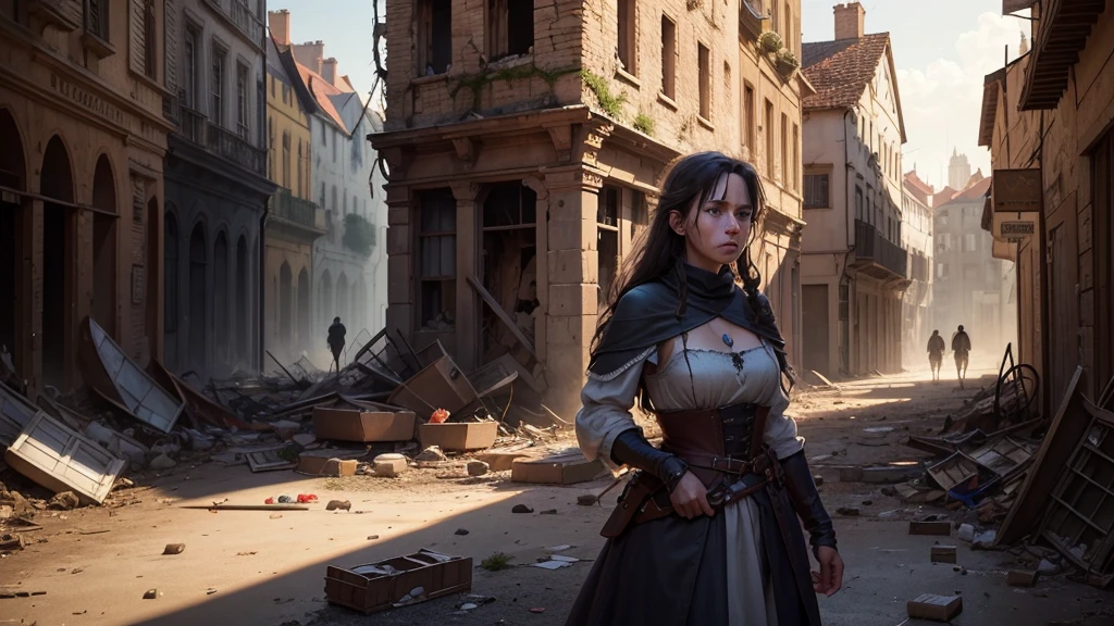 "In the heart of the devastated medieval city, a lone survivor sifts through the debris, searching for anything salvageable. The expression of despair and hopelessness is evident on their face as they navigate through the wreckage of what was once a vibrant community."