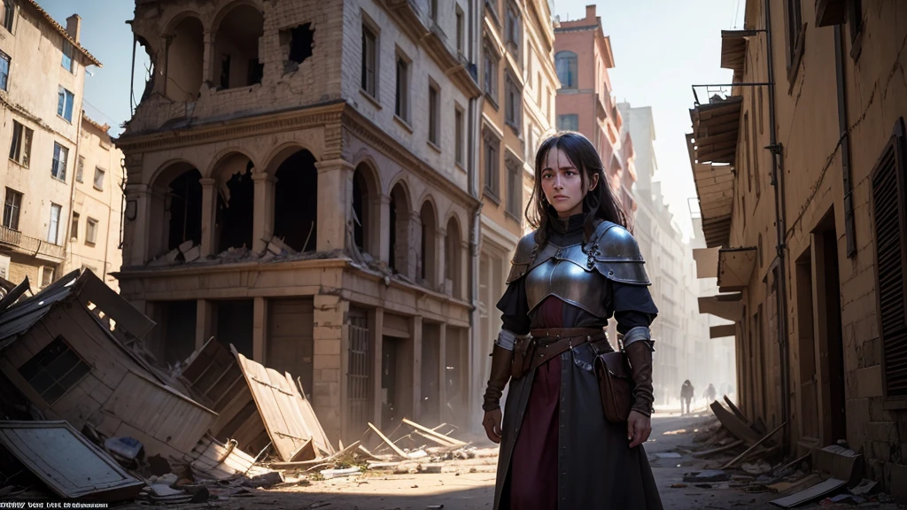 "In the heart of the devastated medieval city, a lone survivor sifts through the debris, searching for anything salvageable. The expression of despair and hopelessness is evident on their face as they navigate through the wreckage of what was once a vibrant community."