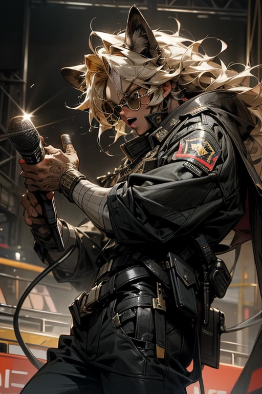 masterpiece,best quality,super detailed,super fine illustration,retro,noise,8k,Break Lion Ears,male,visual band,vocal,holding microphone,sunglass,cool,Police Officer,shout,front view,