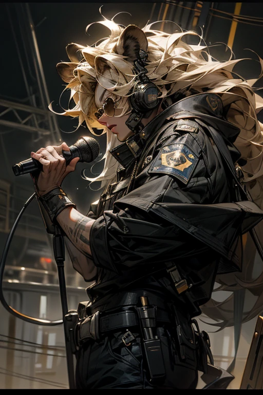 masterpiece,best quality,super detailed,super fine illustration,retro,noise,8k,Break Lion Ears,male,visual band,vocal,holding microphone,sunglass,cool,Police Officer,shout,front view,