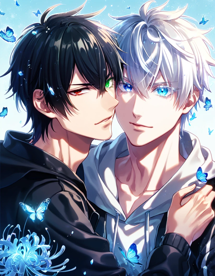 absurd resolution, high resolution, ultra detailed, detailed eyes, extremely detailed, HDR, 8K, Yamada Ichiro, black hair, heterochromia, right eye green, left eye red, Hypnosis Mic, Gojou Satoru, white hair, expressive blue eyes, white eyelashes, black coat, varsity red jacket, white hoodie, two sexy men together, yaoi, gay couple, handsome, fantasy, cool, magical, blue glittering butterflies, blue dust flying around, blue spider lilies, blue petals, blue lanterns, icy, cold, blue blossoms, blue sky