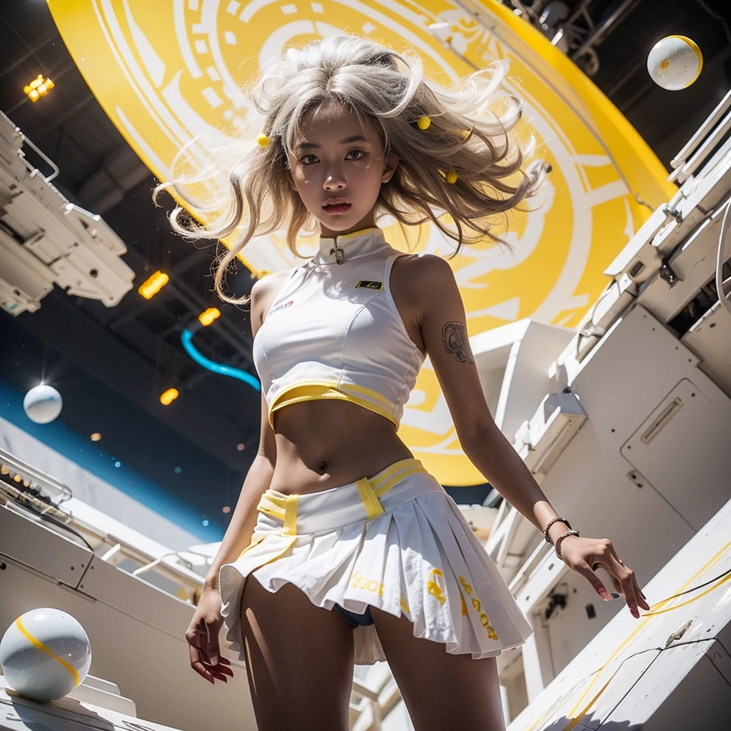 photography, high detail, realistic.a bifocal interlocking and overlaping white and yellow platform. a brown skin girl with white single paper stringy hair ((yellow eyes)) wearing white rip up Mini two piece skirt and top.Silver spheres, small blue stones around her waist. Power flows through the platform. ((Ambient futuristic Background
