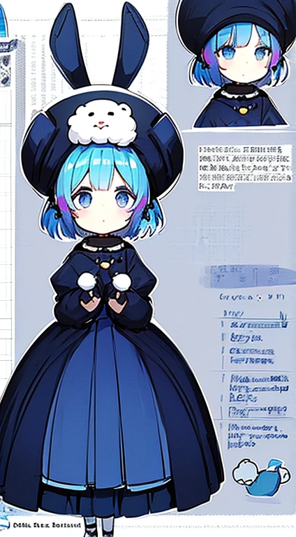 cute preschooler girl with a bunny plush in her hands, oversized clothes, short blue hair, color sheme black blue white, ((character sheet)), (full body shot), crystal acessories