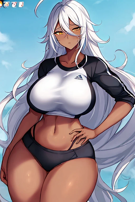1girl, anime style, 2d, anime screencap, dark skin, black skin, dark-skinned female, white hair, long hair, huge breasts, wide hips, thick thighs, shirt, sportswear, shy, sports bra, screencap, masterpiece, mature female, milf