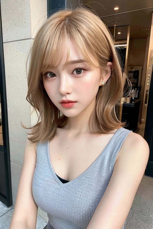((Highest quality, 8k, masterpiece:1.3)), (Waist-up portrait:1.2),Sharp focus: 1.2, Beautiful girl,Perfect Body Beauty: 1.4, Hips: 1.2, ((Highly detailed face and skin texture)), Beautiful Eyes, double eyelid, looking at viewer,(shut up: 1.3), Professional Lighting,(Random Hairstyles)、Brown and blonde highlight hair color、Bob Hair、Messy Hair,Sleeveless、V-neck shirt、Palazzo pants,Natural pose、Symmetrical eyes,outside、down town、