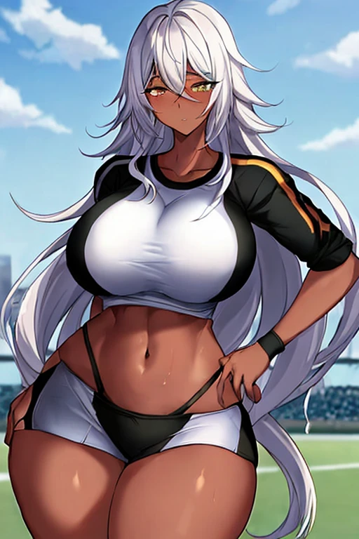 1girl, anime style, 2d, anime screencap, dark skin, black skin, dark-skinned female, white hair, long hair, huge breasts, wide hips, thick thighs, shirt, sportswear, shy, sports bra, screencap, masterpiece, mature female, milf