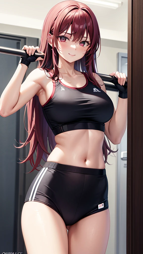 kei (dirty pair) (cosplay), 32-years-old femaile. Dark red long hair with bangs to the eyebrows. Wearing a sexy gym uniform. Sexy pose. In the gym. smiling,, standing by a mirror