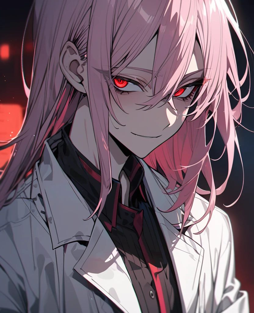 anime boy, pink hair, male, slender, red eyes, lab coat, ultra detailed, ultra detailed eyes, yandere, crazy