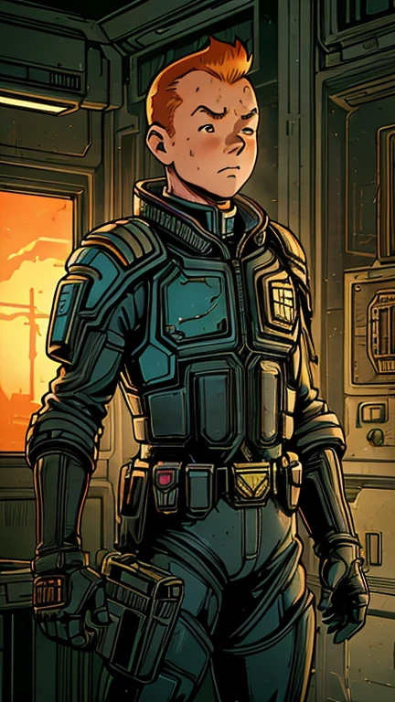 (Teens:1man: Tintin), (extremely detailed CG unit 8k wallpaper),(master part), (best quality), (ultra detali), (best illustration),(jdgdrdd), cowboy shot, (Sharp eyeliner, ombre, detailed eyes:1),Dark midnight derelict spaceship interiors background, ,break , (in a judge Dredd suit), upper body, short hair, orange hair