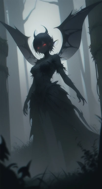 Foggy Forest, ancient creature, demonic silhouette, fairy shadow figure, red eyes, eyes in the fog, rotting, looking dead, torn wings, 