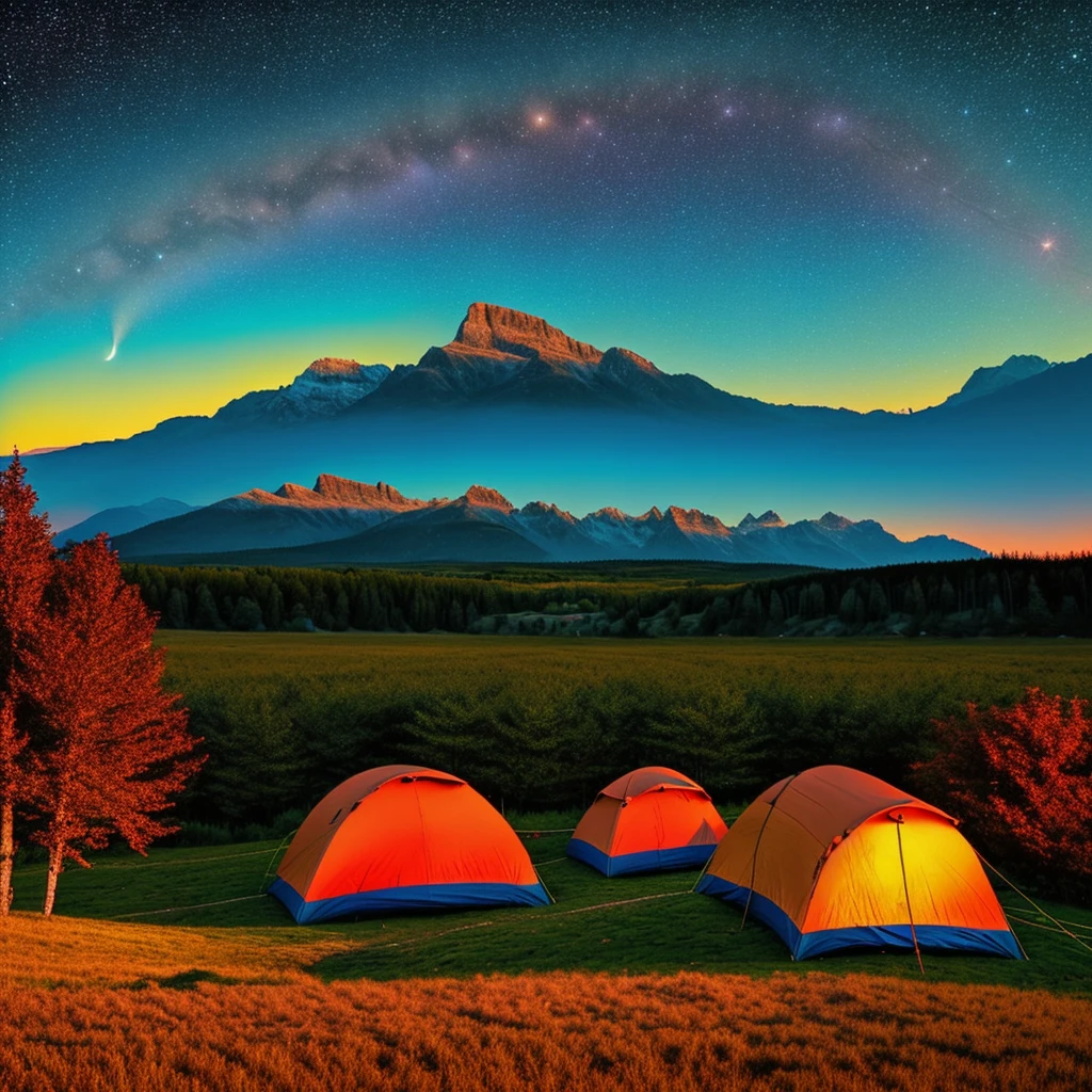 Photographic scene of a field, camp, mountains, with night sky above, cinematic, highly detailed, cosmic, cover art, neon lights, 

