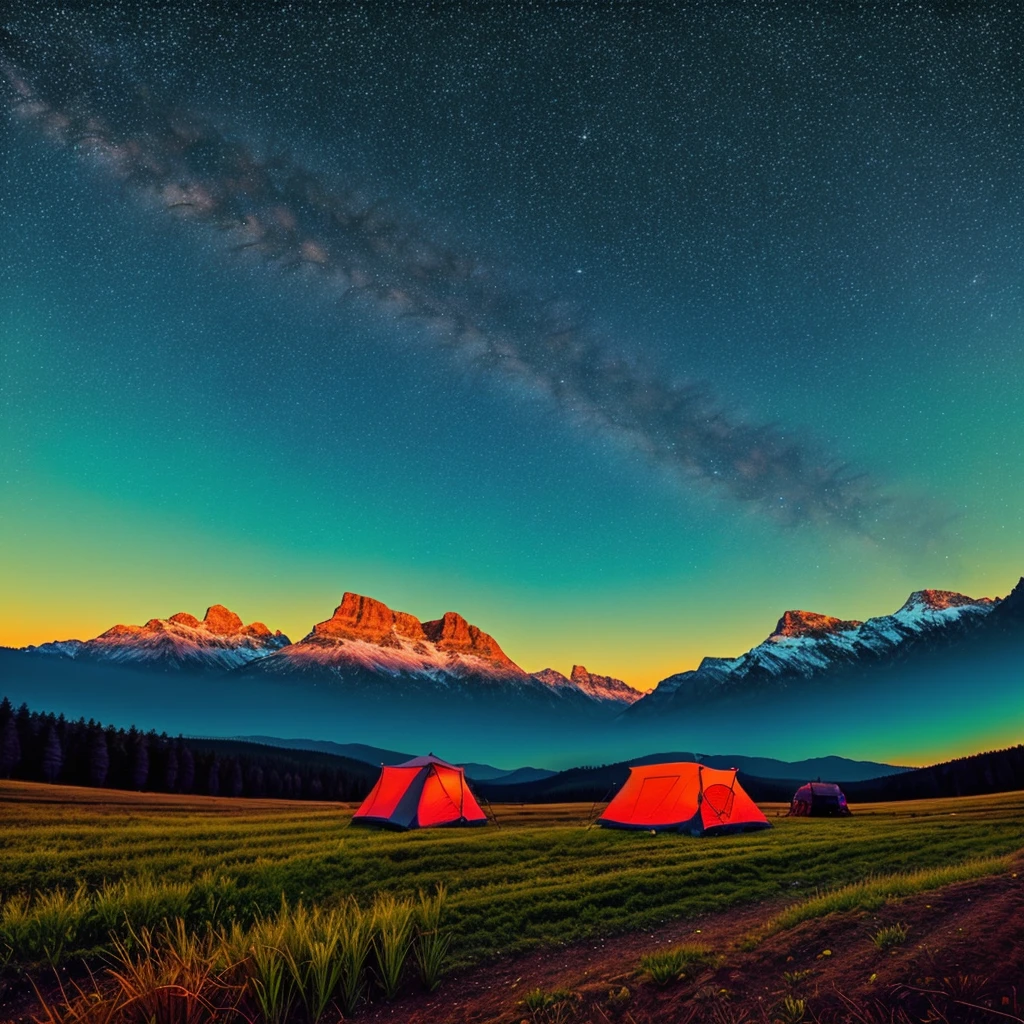 Photographic scene of a field, camp, mountains, with night sky above, cinematic, highly detailed, cosmic, cover art, neon lights, 
