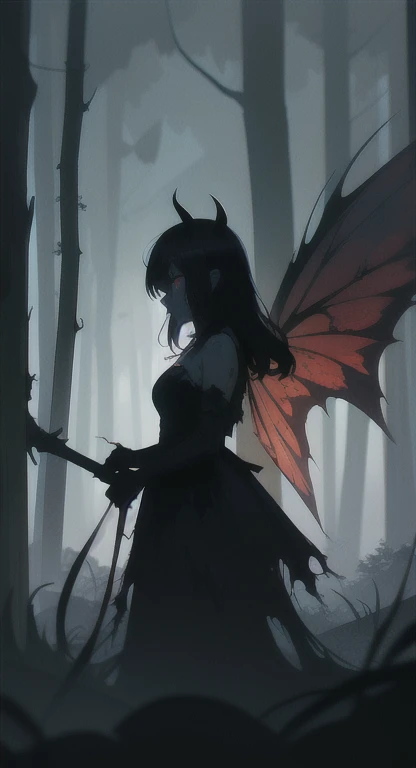 Foggy Forest, ancient creature, demonic silhouette, fairy shadow figure, red eyes, eyes in the fog, rotting, looking dead, torn wings,