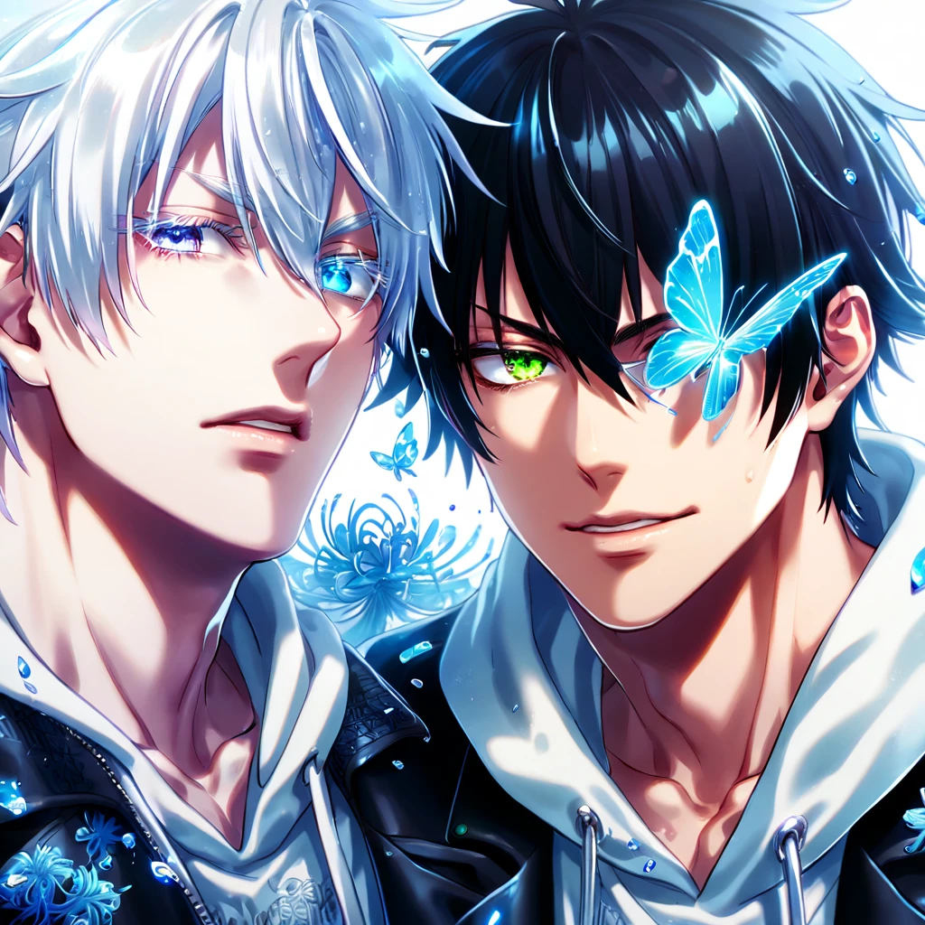 absurd resolution, high resolution, ultra detailed, detailed eyes, extremely detailed, HDR, 8K, Yamada Ichiro, black hair, heterochromia, right eye green, left eye red, Hypnosis Mic, Gojou Satoru, white hair, expressive blue eyes, white eyelashes, black coat, varsity red jacket, white hoodie, two sexy men together, yaoi, gay couple, handsome, fantasy, cool, magical, blue glittering butterflies, blue dust flying around, blue spider lilies, blue petals, blue lanterns, icy, cold, blue blossoms, blue sky