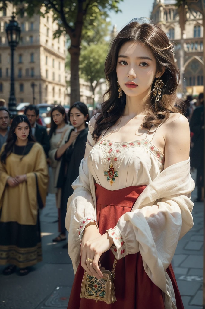 (((best quality))),(((ultra detailed))),(((masterpiece))),illustration,((1 beautiful girl,female Gypsy dancer,solo)),(shoulder length wavy bob hair:1.2),((slim,thin)),((small breasts,flat chest)),(detailed eyes:1.3),(Bohemian style embroidered red dress:1.3),(short sleeves:1.2),((earrings)),mystery,charm,(On the square outside Notre Dame Cathedral in Paris:1.5),(ancient Paris:1.2),traditional attire,vendors,fruits,handcrafted objects,pastries,bakeries,spire,Gothic architecture,sunlight,ethereal glow,busy cityscape,out of place,free spirit,creativity,lost in thoughts,dreams,possibilities,bygone era,snapshot,essence,magic of summer,(day scene:1.3),(outdoor:1.3),(surrounded by crowded crowds:1.3),((from front,upper body))
