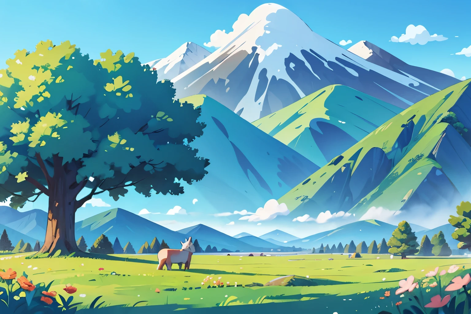 pasture fields, mountains in the background blue sky, cartoon-like