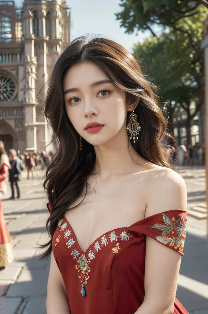 (((best quality))),(((ultra detailed))),(((masterpiece))),illustration,((1 beautiful girl,female Gypsy dancer,solo)),(shoulder length wavy bob hair:1.2),((slim,thin)),((small breasts,flat chest)),(detailed eyes:1.3),(strapless Bohemian style embroidered red bra:1.5),((earrings)),mystery,charm,(On the square outside Notre Dame Cathedral in Paris:1.5),(ancient Paris:1.2),traditional attire,vendors,fruits,handcrafted objects,pastries,bakeries,spire,Gothic architecture,sunlight,ethereal glow,busy cityscape,out of place,free spirit,creativity,lost in thoughts,dreams,possibilities,bygone era,snapshot,essence,magic of summer,(day scene:1.3),(outdoor:1.3),(surrounded by crowded crowds:1.3),((from front,close-up of face))