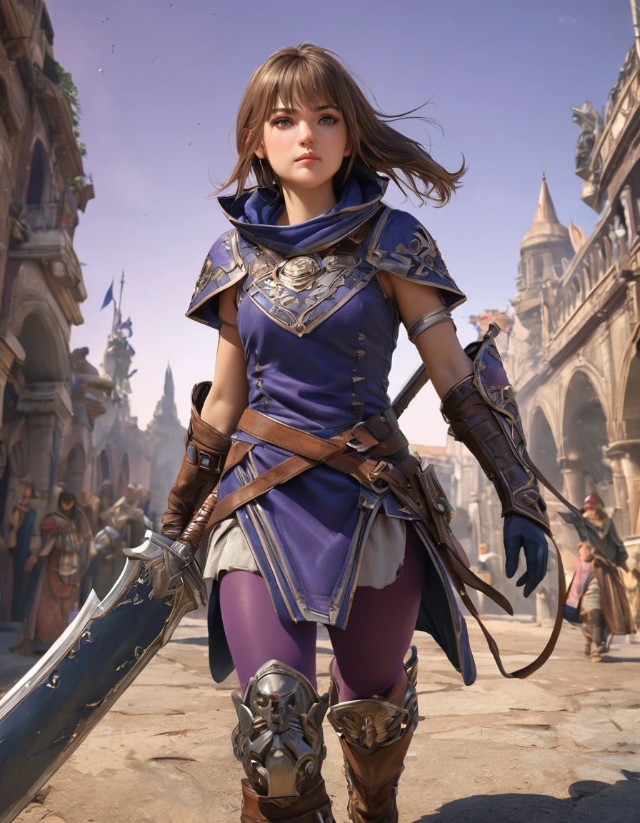 (best quality,4k,8k,highres,masterpiece:1.2), ultra-detailed, (realistic,photorealistic,photo-realistic:1.37),(Numerous award-winning masterpieces, incredibly detailed and textured, maximal resolution and clarity), (Hyper-realistic:1.4), (Realistic:1.3), super quality, beautiful detail, super detailed, extra fine, 16K, exquisite, absurd, high resolution. a girl adventurer, pretty face, brown hair, brown eyes, dark (blue tabard), (purple tights), big boots, leather boots, big gloves, ponytails, (((young girl))), pretty eyes, (detailed face). Show her walking toward the camera, (confidently walking, determined stride:1.1), dynamic exaggerated pose. walking beside her is a skeleton warrior wearing a tattered cloak, dirty and dusty, he has heavy leather boots and a huge sword slung over his back. Eternia background, multicolor sky, 3 moons in the sky, multiple moons.