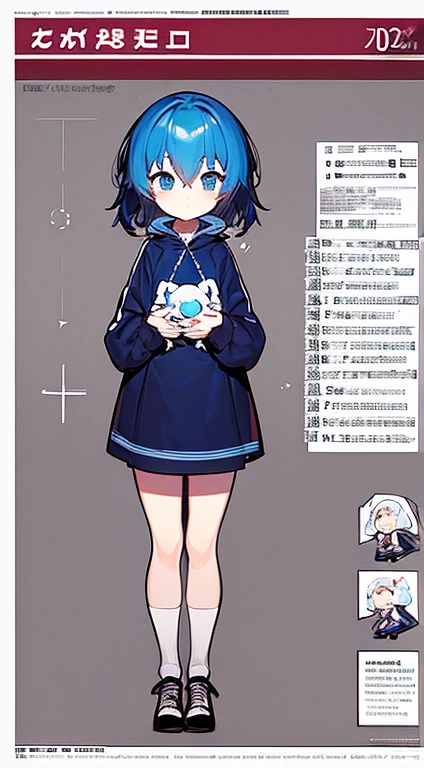 cute **************** with a bunny plush in her hands, oversized cozy clothes,  short blue hair, ((character sheet)), (full body shot), crystal acessories