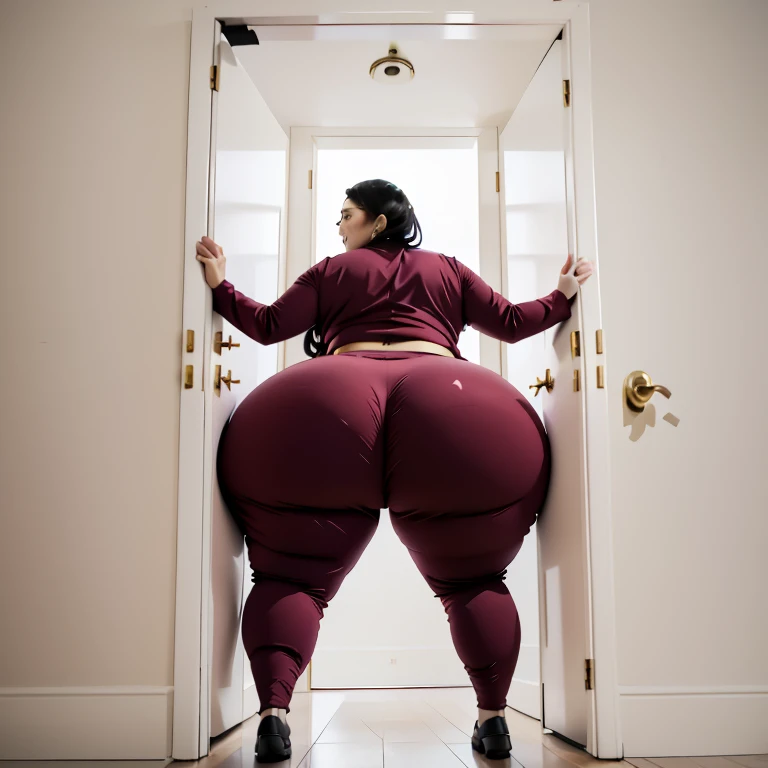 masterpiece, 1girl behind a doorway, from behind, (doorstuck, stuckbehind:1.3), ssbbw ,huge hips, round belly, thick thighs, giant butt,colorful clothing, wearing a maroon red suit and tie and formal pants, upset, desperately trying to wiggle through, she tries to free herself but she won't budge, she is stuck tight view from behind, she is too wide, the doorway is quite narrow too, she kicks her legs furiously, trying to wiggle her hips through the small door, but its no good, the door is too small, she keeps trying to squeeze through with frustration, she is stuck too tight