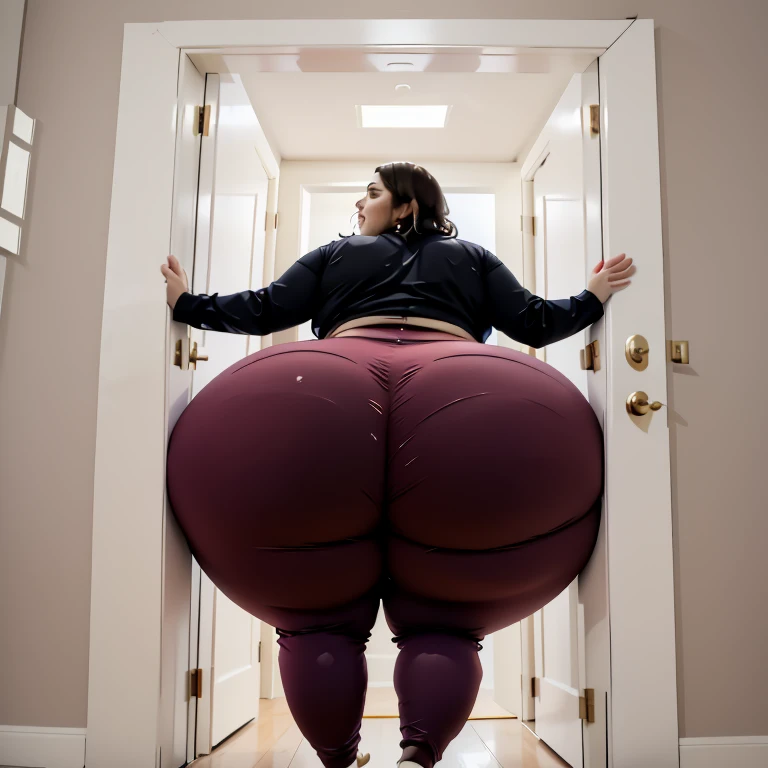 masterpiece, 1girl behind a doorway, from behind, (doorstuck, stuckbehind:1.3), ssbbw ,huge hips, round belly, thick thighs, giant butt,colorful clothing, wearing a maroon red suit and tie and formal pants, upset, desperately trying to wiggle through, she tries to free herself but she won't budge, she is stuck tight view from behind, she is too wide, the doorway is quite narrow too, she kicks her legs furiously, trying to wiggle her hips through the small door, but its no good, the door is too small, she keeps trying to squeeze through with frustration, she is stuck too tight