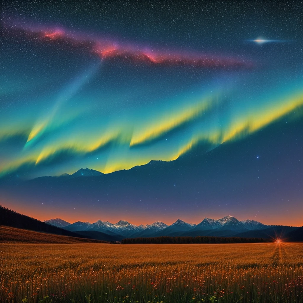 Photographic scene of a field, mountains, with night sky above, cinematic, highly detailed, cosmic, cover art, neon lights, comets
