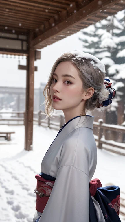 A beautiful woman, kimono that does not expose much of her skin.,(((In the moonlight of a blizzard, a woman looking good in a kimono with Japanese pattern,Floral scrunchie.))),Full-body photography from the ceiling,best image quality,professional angle of view,Exceptional detail,Super high resolution,realistic:1.4),high detail,focus on details,1girl concentrated in high concentration,long hair,delicate and beautiful face,The best smile with raised eyebrows and corners of the mouth,((glowing glass eyes)),

