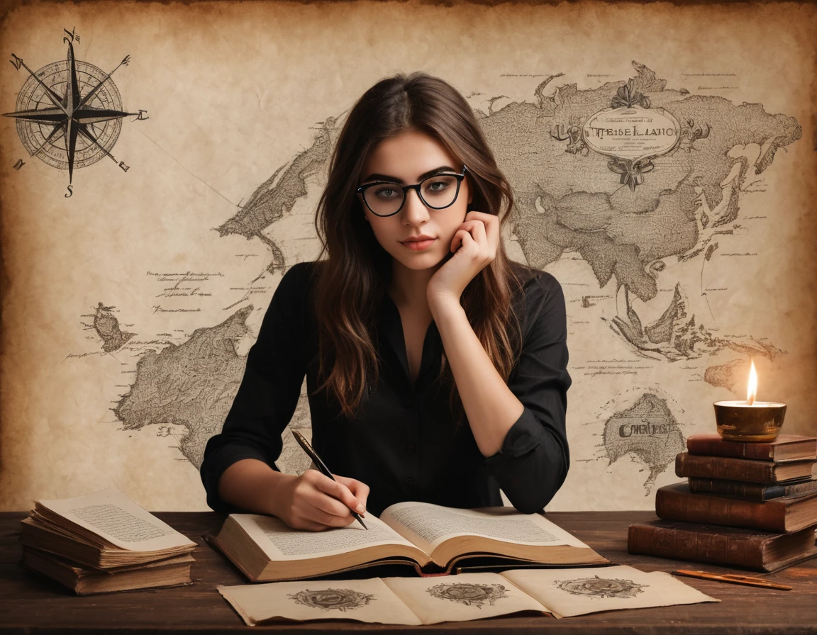 Portrait of a beautiful modern girl with glasses at the table, beautiful brown eyes sparkling with excitement and inspiration, beautiful inspired face, serious expression, writing text on a sheet of parchment, inspired creativity process, stack of old books with many bookmarks between pages, porcelain cup of hot black coffee and a candlestick with lit candles on the table next to parchment, beautiful graceful hands with beautiful fingers, a passionate look at the manuscript; Drawn on paper,sketch,old parchment,pencil sketch,Stereoscopic light and shadow,The background is a mixture of fantasy and science fiction., image of a girl on the bottom right in the center of the picture at the edge,
(Detailed unrealistic map of Treasure Island and text on ancient parchment, Rose of Wind, compass), documentation,Rich and delicate touches,