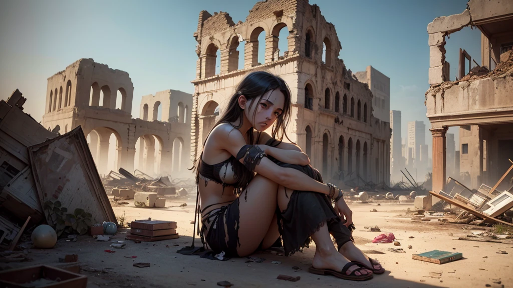 Amidst the ruins of this ancient city, scattered belongings and remnants of lives lost are strewn about. A somber silence hangs over the scene, broken only by the distant sound of crumbling structures and the faint cries of survivors searching for loved ones."