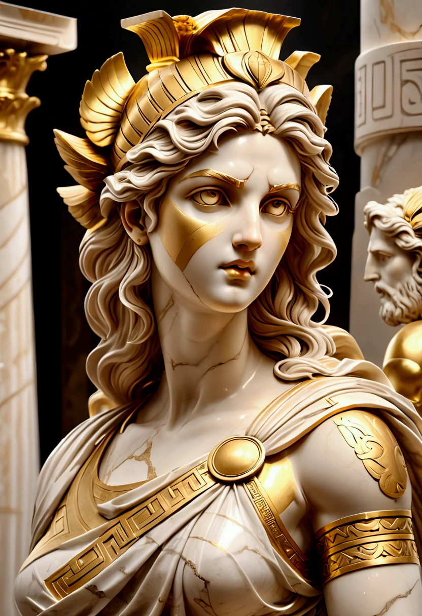 1girl, a stone statue of greek goddess, ancient greek sculpture, white and gold, cstatuesdxl, (4k,8k,highres:1.2), ultra-detailed, HDR, UHD, studio lighting, ultra-fine painting, sharp focus, physically-based rendering, extreme detail description, professional, vivid colors, bokeh, marble statue, ornate architecture, dramatic lighting, intricate details, classical art, masterpiece, best quality, very aesthetic, absurdres