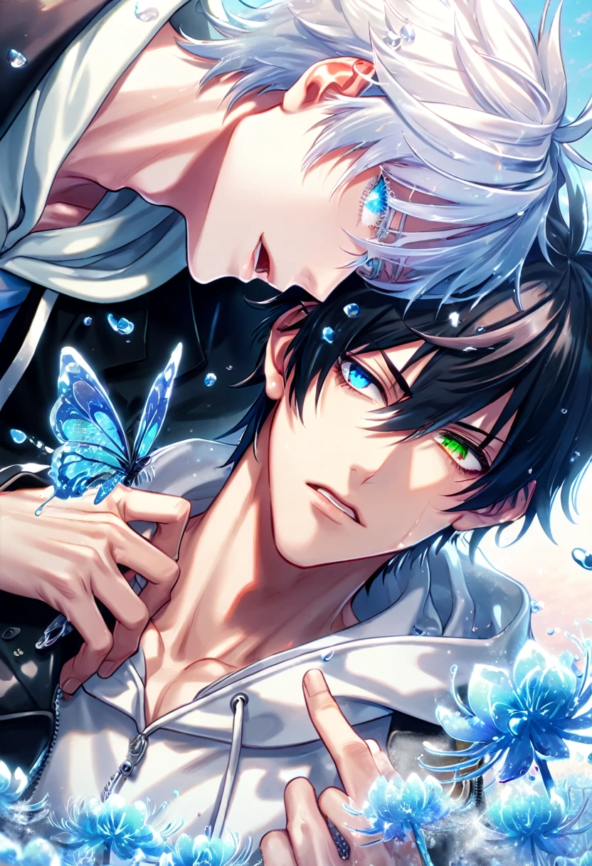absurd resolution, high resolution, ultra detailed, detailed eyes, extremely detailed, HDR, 8K, Yamada Ichiro, black hair, heterochromia, right eye green, left eye red, Hypnosis Mic, Gojou Satoru, white hair, expressive blue eyes, white eyelashes, black coat, varsity red jacket, white hoodie, two sexy men together, yaoi, gay couple, handsome, fantasy, cool, magical, blue glittering butterflies, blue dust flying around, blue spider lilies, blue petals, blue lanterns, icy, cold, blue blossoms, blue sky