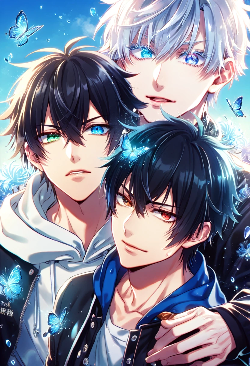 absurd resolution, high resolution, ultra detailed, detailed eyes, extremely detailed, HDR, 8K, Yamada Ichiro, black hair, heterochromia, right eye green, left eye red, Hypnosis Mic, Gojou Satoru, white hair, expressive blue eyes, white eyelashes, black coat, varsity red jacket, white hoodie, two sexy men together, yaoi, gay couple, handsome, fantasy, cool, magical, blue glittering butterflies, blue dust flying around, blue spider lilies, blue petals, blue lanterns, icy, cold, blue blossoms, blue sky