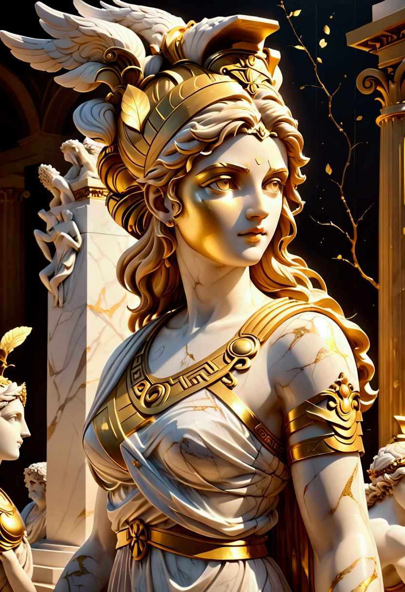 1girl, a stone statue of greek goddess, ancient greek sculpture, white and gold, cstatuesdxl, (4k,8k,highres:1.2), ultra-detailed, HDR, UHD, studio lighting, ultra-fine painting, sharp focus, physically-based rendering, extreme detail description, professional, vivid colors, bokeh, marble statue, ornate architecture, dramatic lighting, intricate details, classical art, masterpiece, best quality, very aesthetic, absurdres