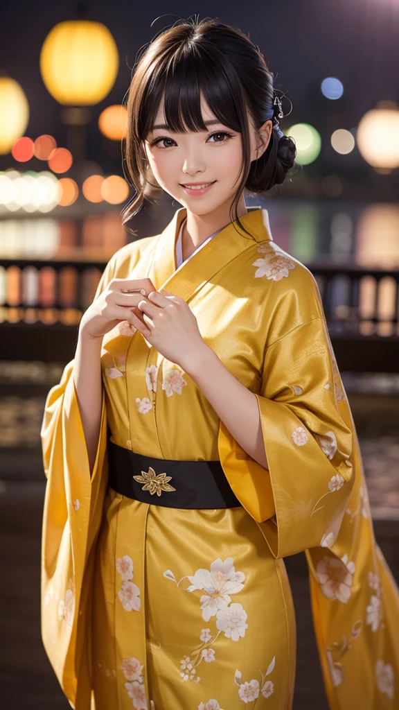 night、A glamorous atmosphere、firework、Matte fabric、Yellow large floral pattern yukata、Cotton kimono、stylish (night景、night、smile)、night空、bangs、No makeup、(masterpiece、8k,RAW Photos、High resolution:1.4)、girl'Her calm expression is、Emphasizes a soft look..。 Canon EOS R6 Mark II and Sigma 50mm f/2.Used in combination with 8/1.4 DG HSM Art Lens、シーンのあらゆるニュアンスがHigh resolutionでキャプチャされます。Enako