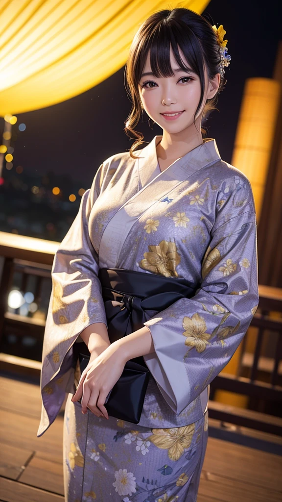 night、A glamorous atmosphere、firework、Matte fabric、Yellow large floral pattern yukata、Cotton kimono、stylish （night景、night、smile）、night空、bangs、No makeup、（masterpiece、8k,RAW Photos、High resolution:1.4）、girl&#39;Her calm expression is、Emphasizes a soft look..。 Canon EOS R6 Mark II and Sigma 50mm f/2.Used in combination with 8/1.4 DG HSM Art Lens、シーンのあらゆるニュアンスがHigh resolutionでキャプチャされます。Enako