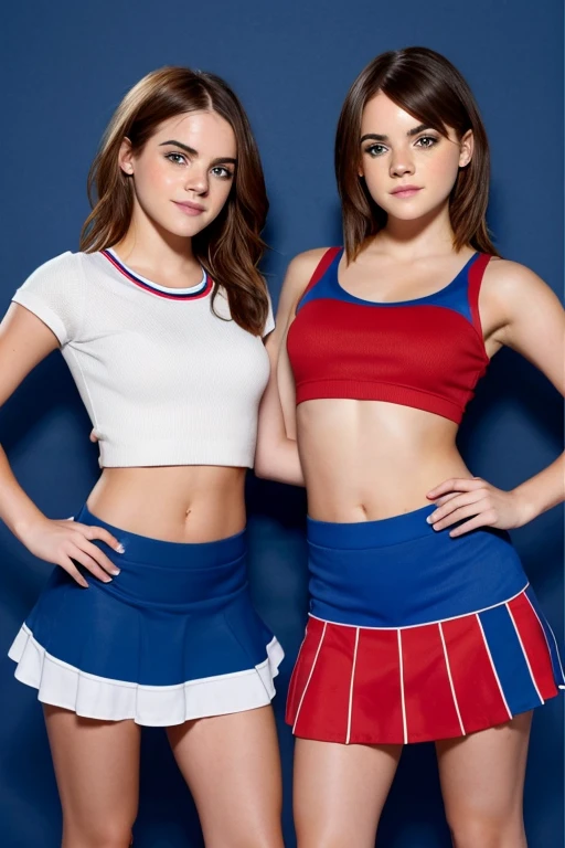 ((((nobackground)))),2 girls emma watson and lucy hale, (((heterochromic,red&blue))),both in female cheerleader outfits, very short skirts that can see panties underneath, showing midriff,