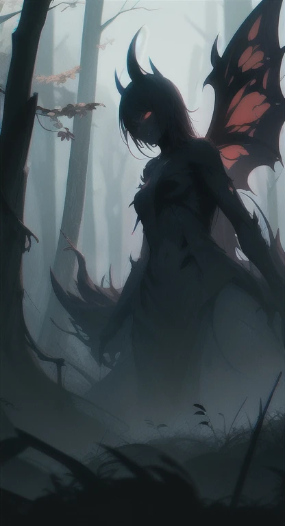 Foggy Forest, ancient creature, demonic silhouette, fairy shadow figure, red eyes, eyes in the fog, rotting, looking dead, torn wings, 