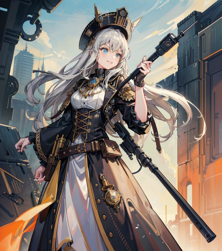(Line art_anime),(Cowboy Shot,Low Angle, highest quality, ),(Laura Budd Photos:1.2),(Laura Add details:1.0),8k, Flat Color:0.8,1 girl,smile,(Highly decorative and complex mechanical steampunk fashion, Lace flare dolphin hat、goggles、Holding a musket gun in hand 1.5、machinery background、Gear background、An elaborately mechanized steampunk cityscape 1.5),Cute pose,