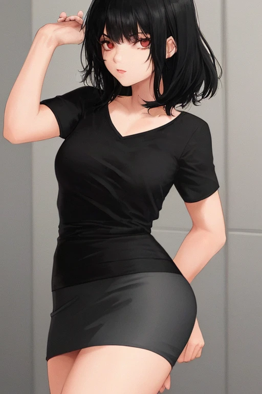 With green eyes. She has a big chest and a big butt. She wears a black shirt and a blue skirt. She has short black hair. She is subjected to sexual harassment and she is enjoying it